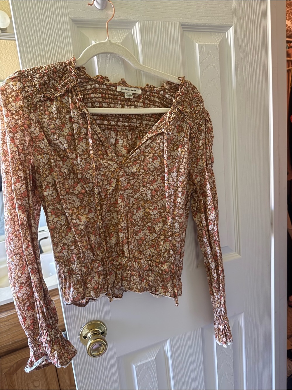 American Eagle Outfitters Rust Floral Smocked Peasant Top